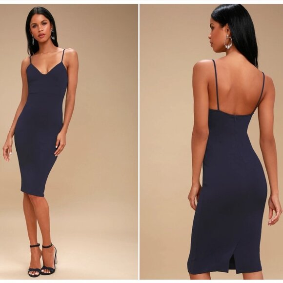 NWT Lulus Don't Tell 'Em Navy Bodycon Party Minimalist Midi Dress Womens Large - Picture 1 of 12